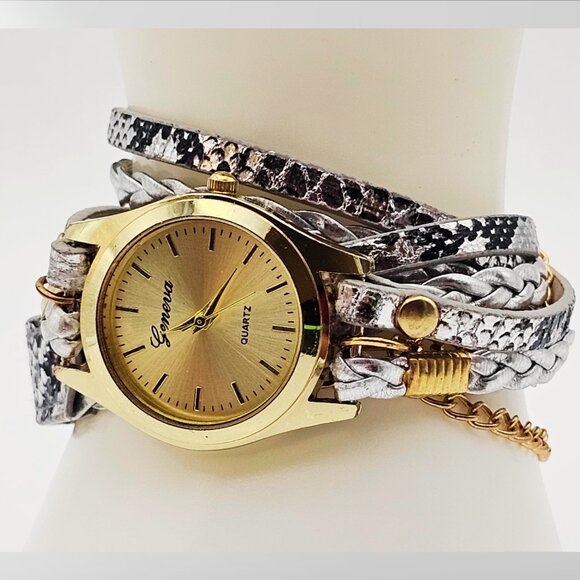 Geneva Women’s Wrap Watch, Gold Dial, Silver Faux Snakeskin Multi-Strap Bracelet - Picture 1 of 5